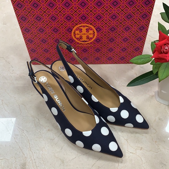 TORY BURCH CANVAS NAVY SLINGBACK PUMP WITH LEATHER POLKA DOTS IN WHITE SIZE 7, 8 - Picture 14 of 15